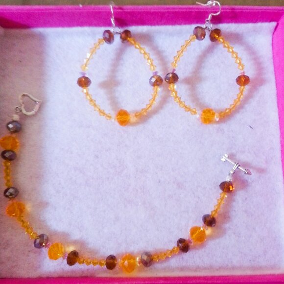 Swarovski Crystal Hand-Made Chocolate Orange Yellow Earring Bracelet set - Picture 2 of 11